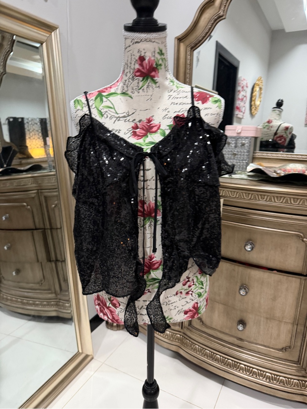 No Boundaries Black Sequin Tie-Front Camisole
